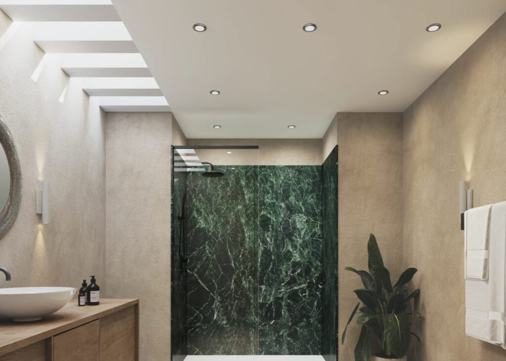 UpHome solid surface shower walls in the Green Empress finish