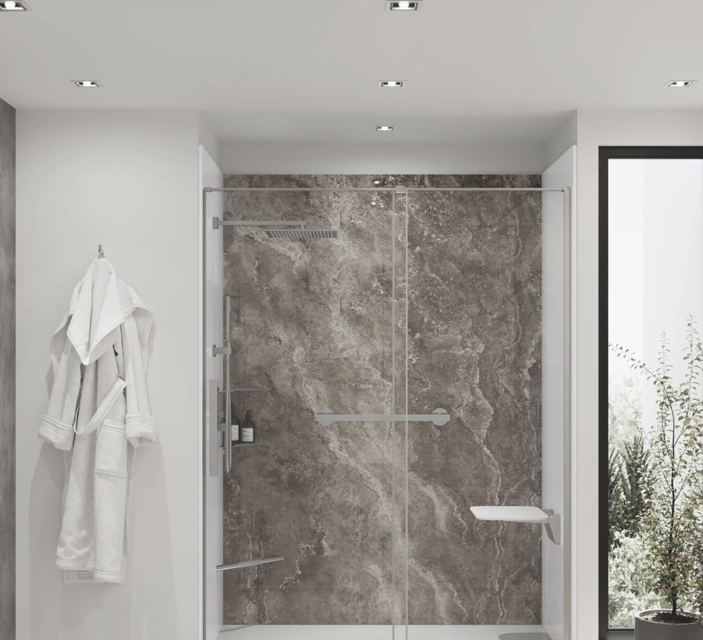 UpHome solid surface shower in the Tundra Brown finish