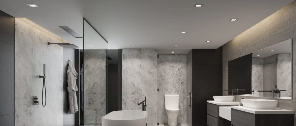 UpHome solid surface walk-in shower in the Tundra Light Grey finish